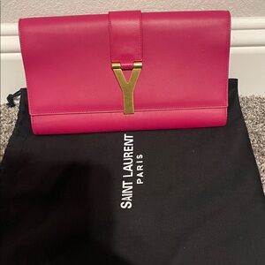 Authentic Saint Laurent Fuchsia Clutch with Gold Accent
